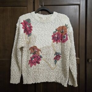 Needles & Yarn Vintage Popcorn Knit Floral Applique Sweater Pearl Accents Medium